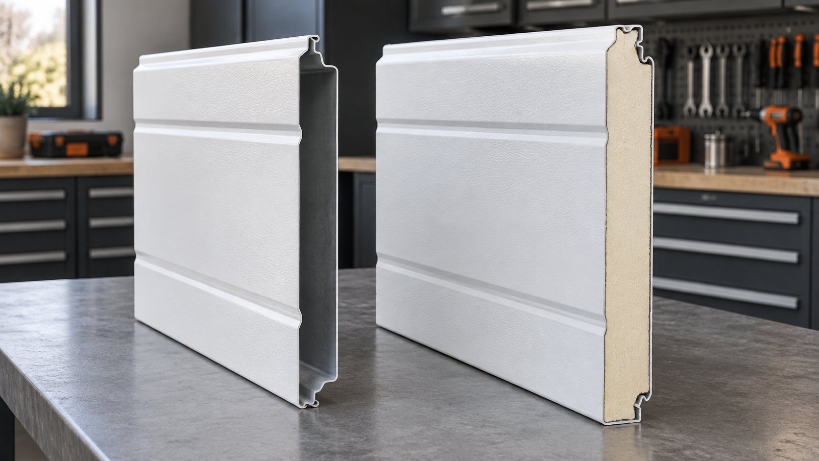 Cutaway comparison of insulated and non-insulated garage door panels